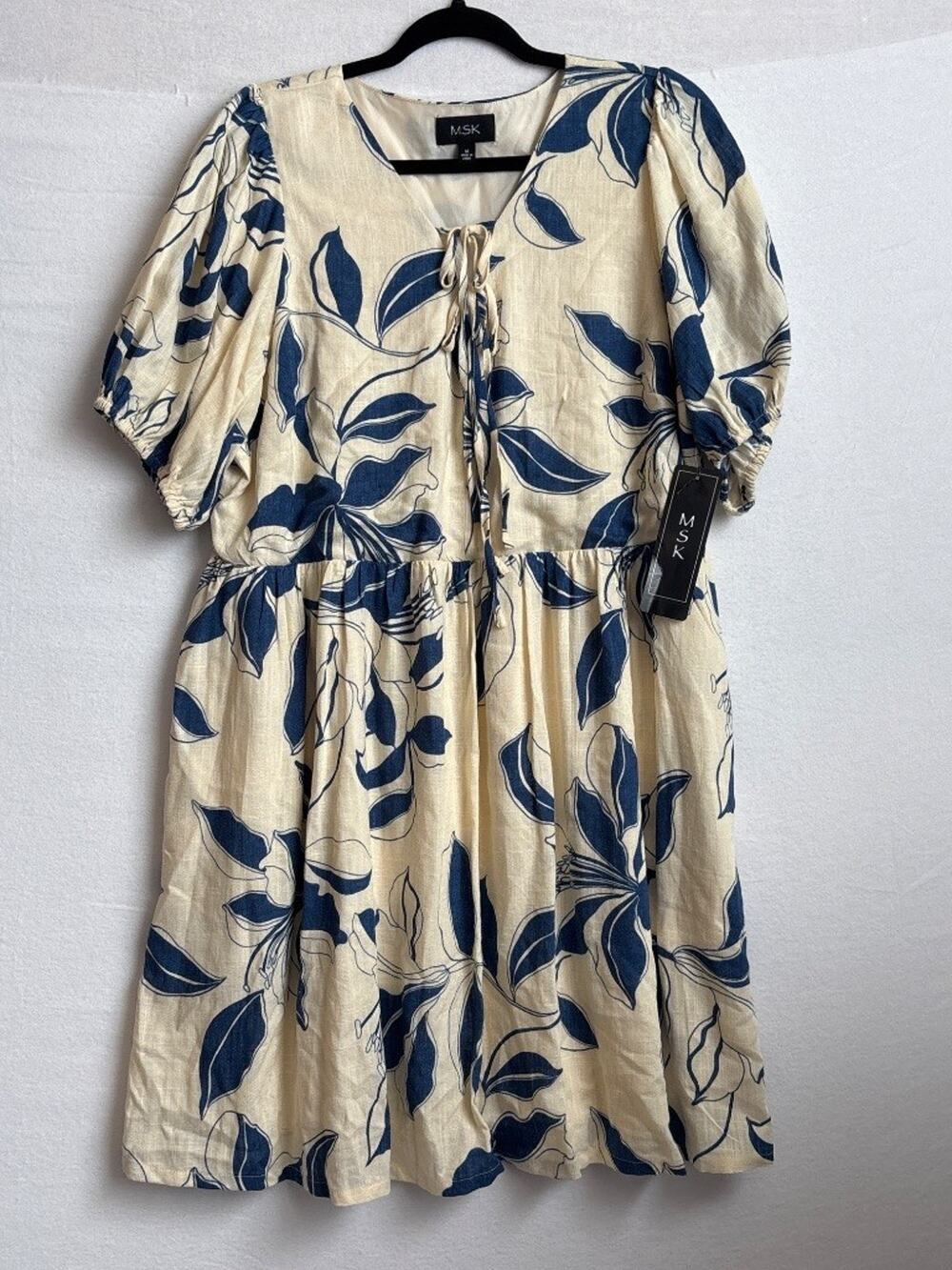 Floral Linen Blend Midi Dress Blue Ivory Tie-Front Boho Size M NWT